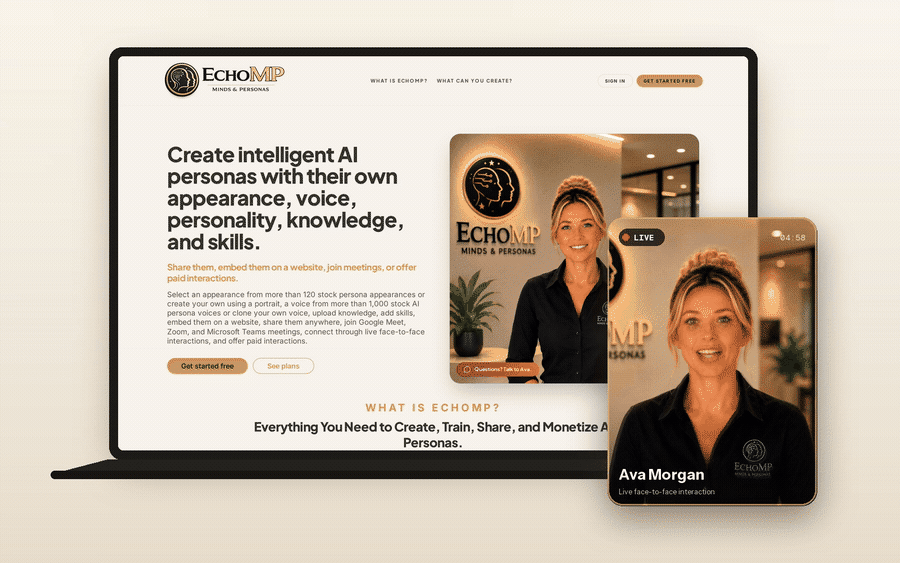 Ava, an EchoMP AI persona, appearing in a live face-to-face interaction on a laptop and mobile device.