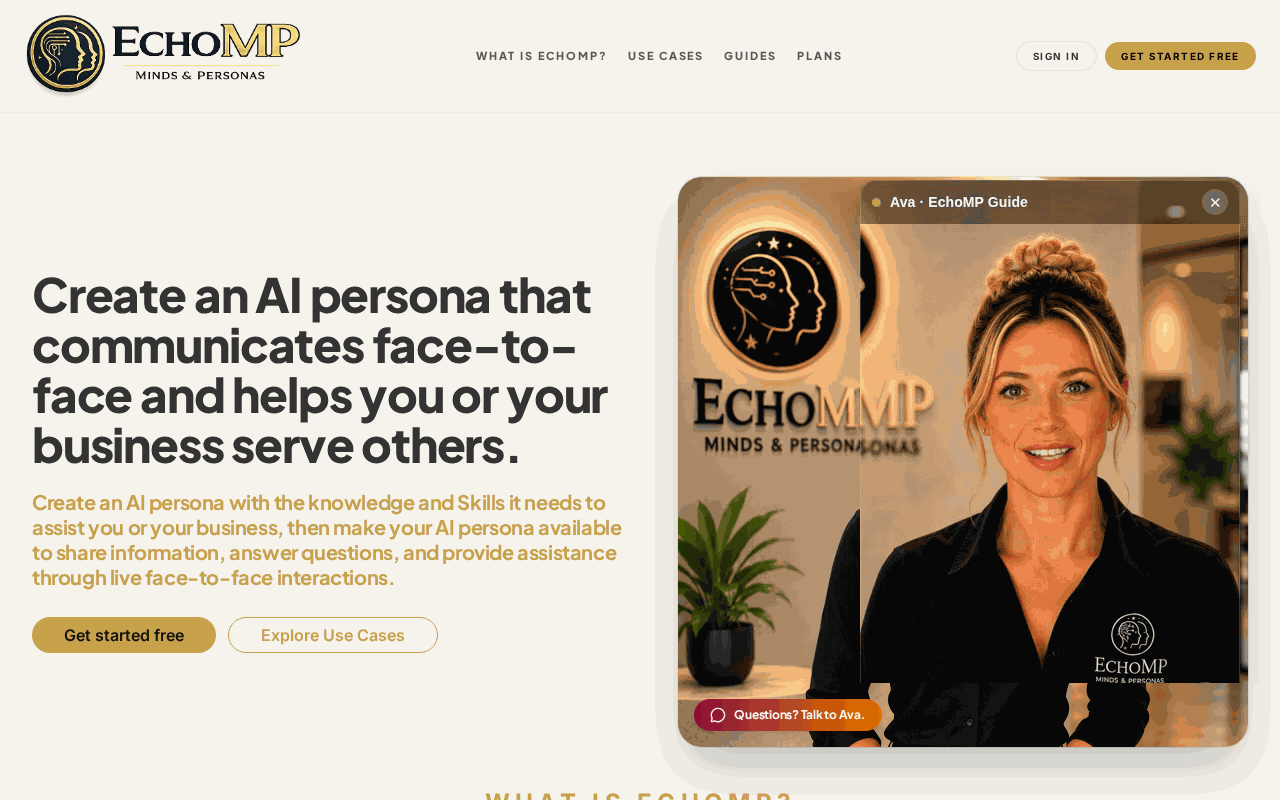 Ava, an EchoMP AI persona, appearing in a live face-to-face interaction on a laptop and mobile device.
